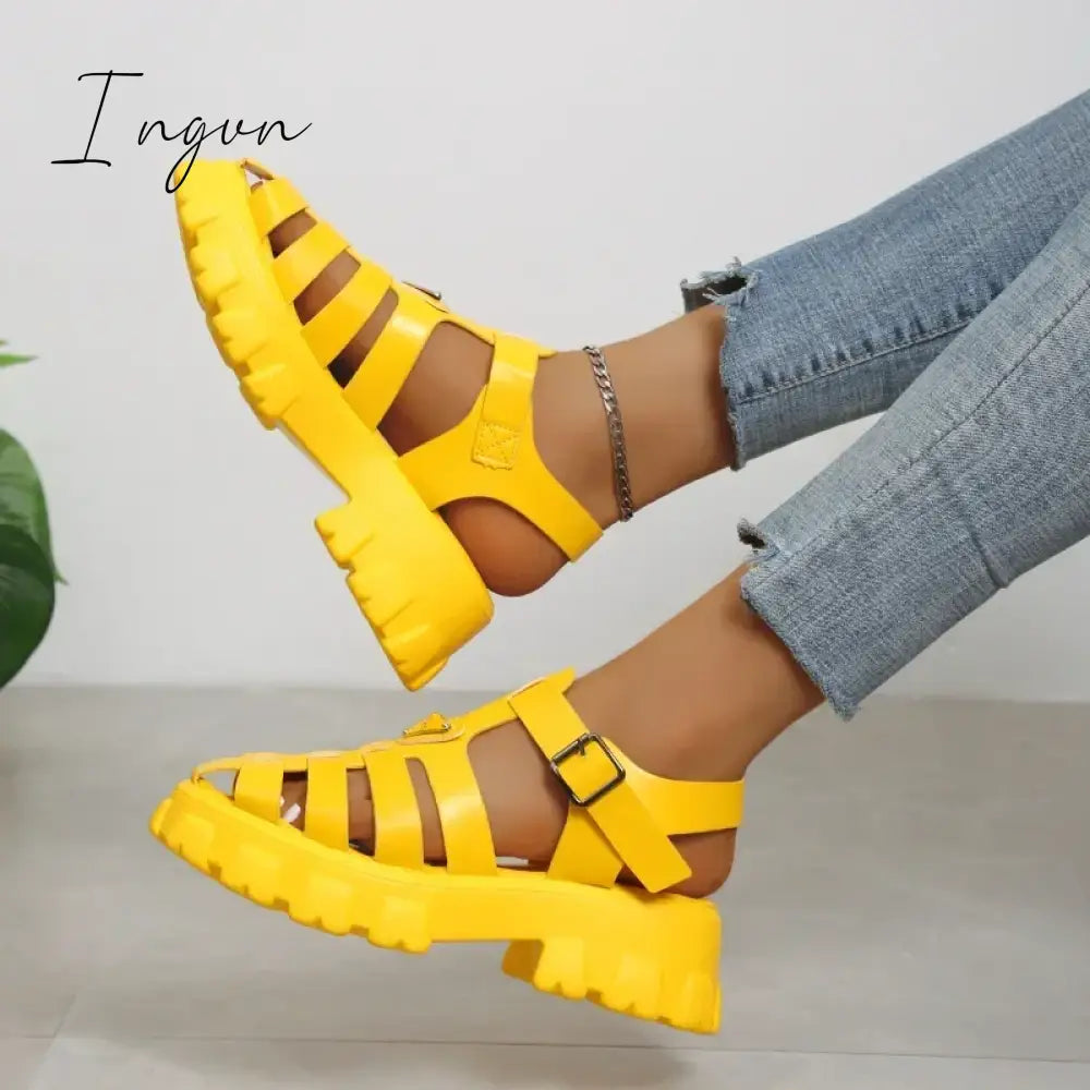 Ingvn - 2024 Fashion Gladiator Women Narrow Band Cross-Tied Platform Square Heel Peep Toe Rome