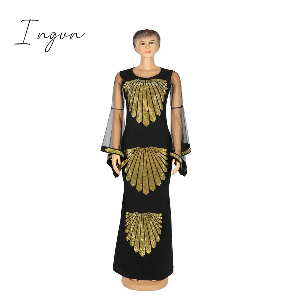 Ingvn - African Mom Dress Fashion Gauze Horn Sleeve Hot Diamond Hip - Covered Fish Tail Large Size