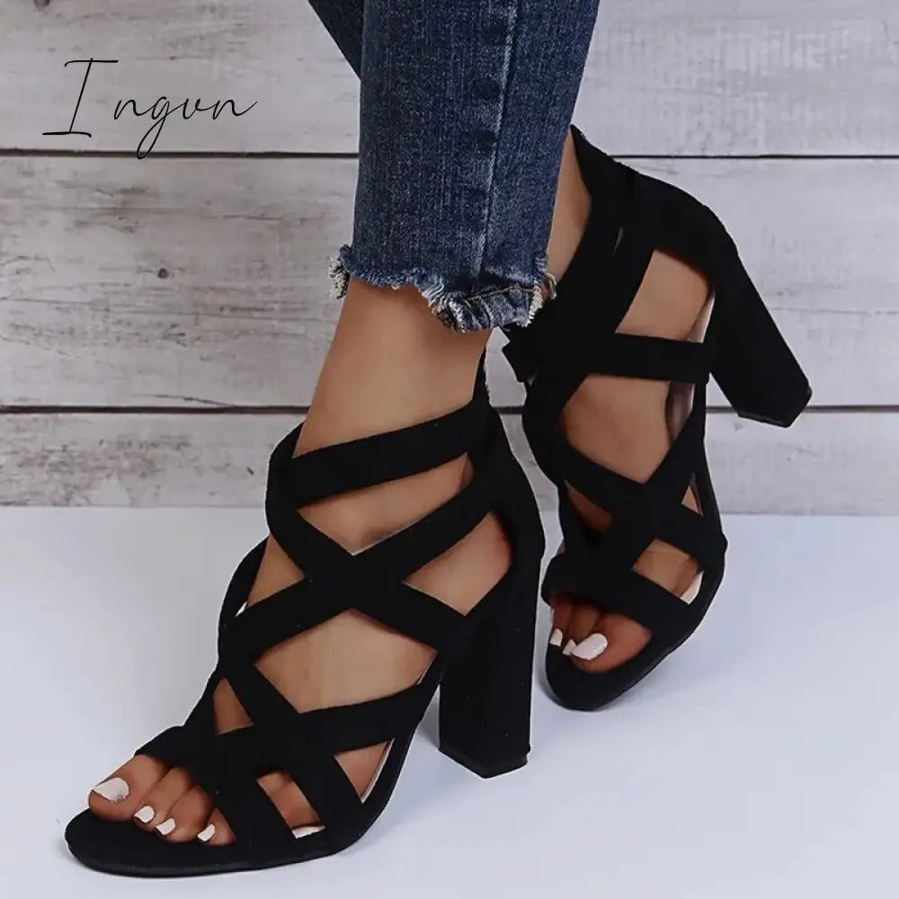 Ingvn - Ankle Adjustable Gold-Tone Buckle Chunky Heels