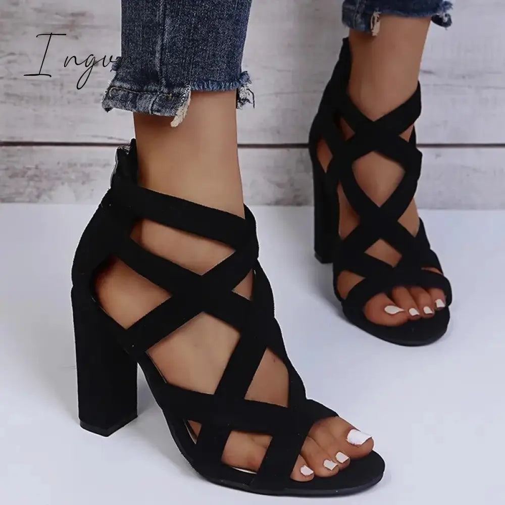 Ingvn - Ankle Adjustable Gold-Tone Buckle Chunky Heels Black / 35