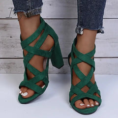 Ingvn - Ankle Adjustable Gold-Tone Buckle Chunky Heels Green / 35