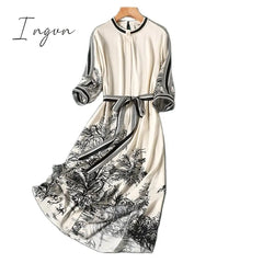 Ingvn - Apricot Striped Print Chiffon Vintage Lace Up Long Sleeve A-Line Women’s Dress Korean