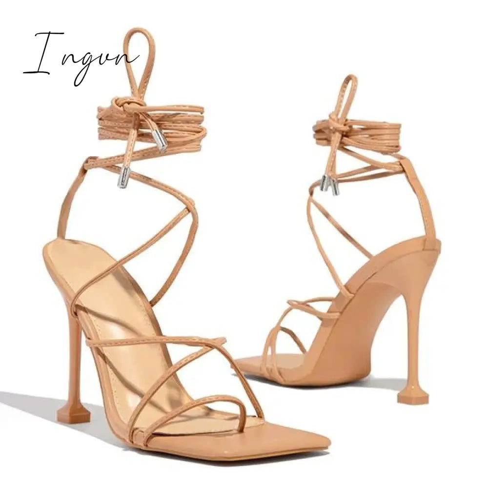 Ingvn - Around-The-Ankle Lace-Up Closure Open Squared Toe Heels