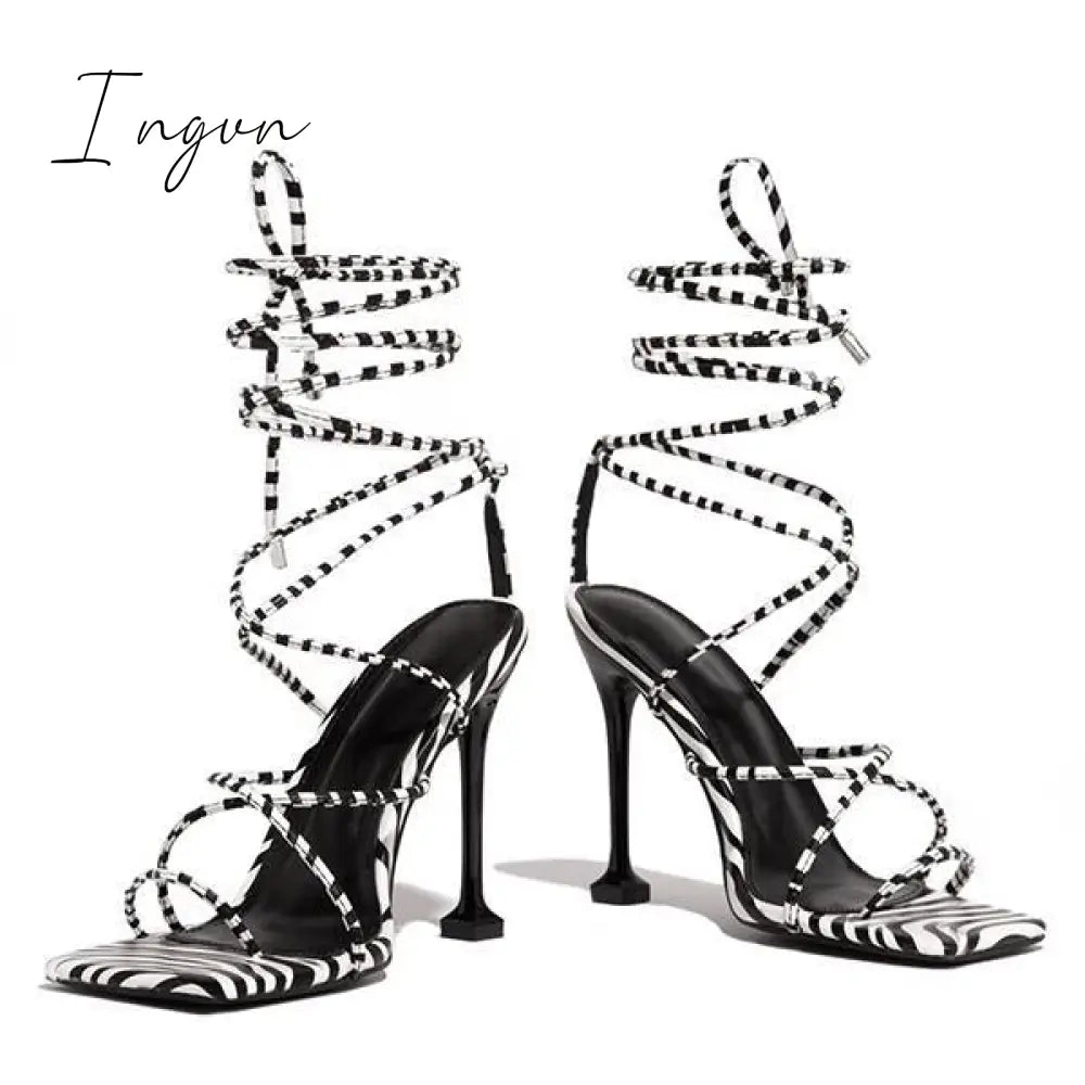 Ingvn - Around-The-Ankle Lace-Up Closure Open Squared Toe Heels