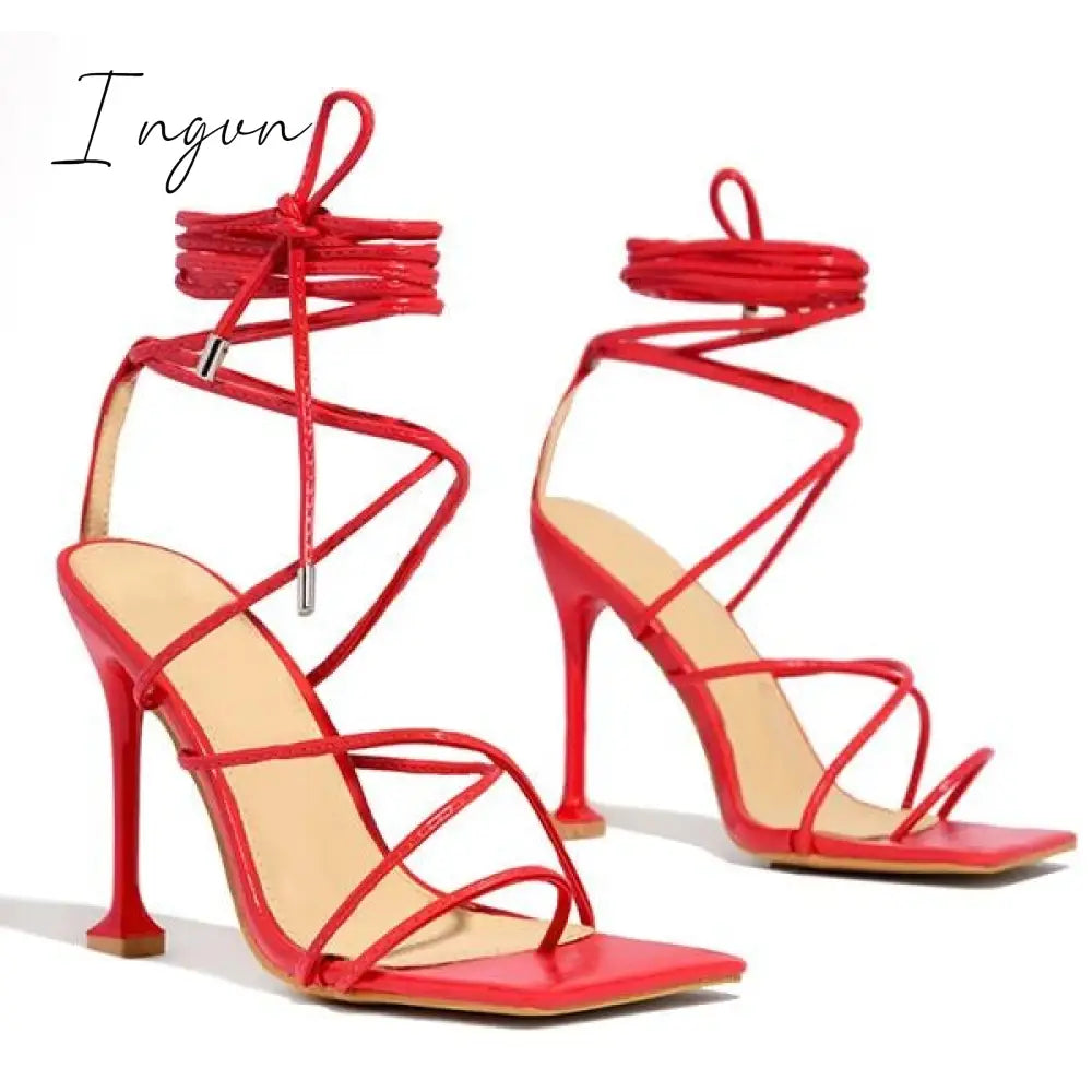Ingvn - Around-The-Ankle Lace-Up Closure Open Squared Toe Heels