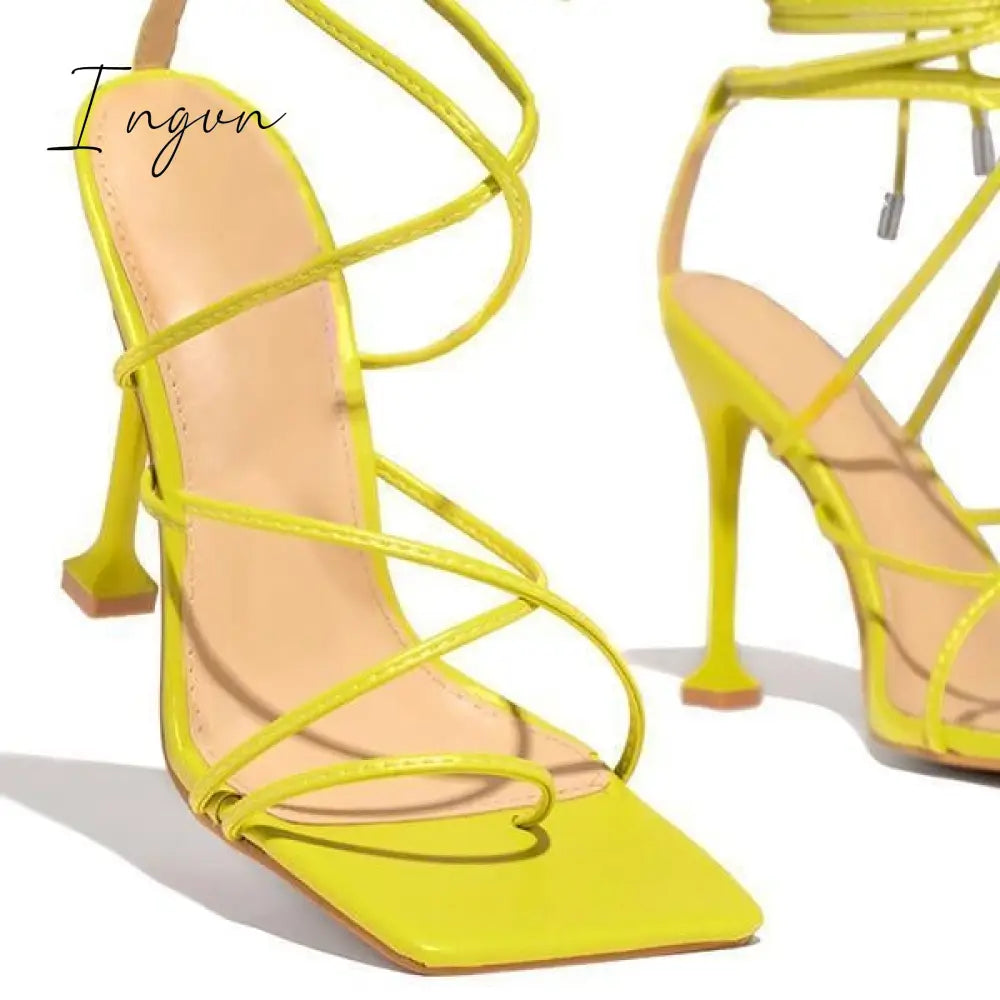 Ingvn - Around-The-Ankle Lace-Up Closure Open Squared Toe Heels