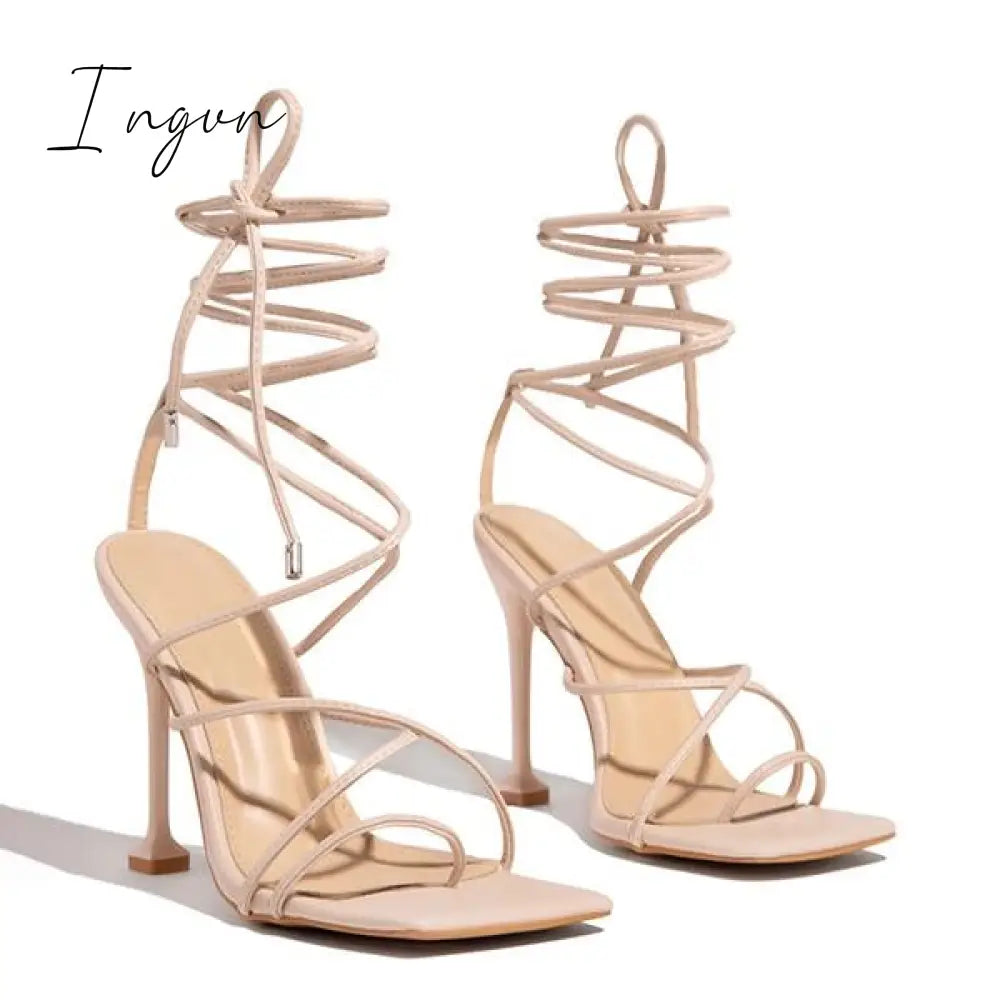 Ingvn - Around-The-Ankle Lace-Up Closure Open Squared Toe Heels