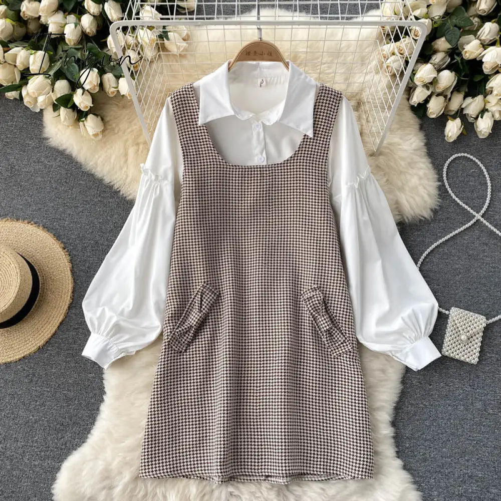 Ingvn - Autumn Elegant 2 Piece Set Overalls Dress Women Lapel White Lantern Sleeve Ruffle Shirt Top