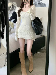 Ingvn - Autumn Elegant Knitted Dress Women Long Sleeve Lace Short Party Korea Fashion Slim Sexy Y2K
