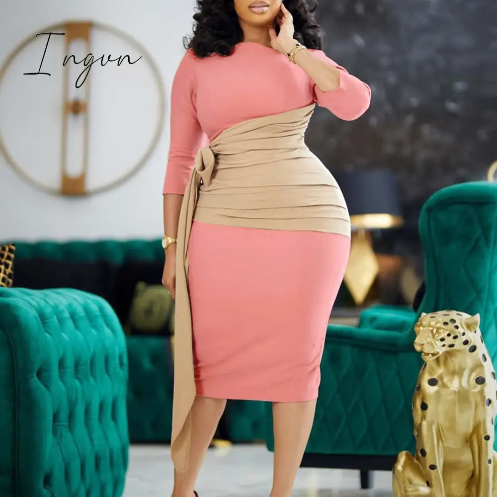 Ingvn - Autumn Fashion Elegant Colorblock Lace-Up Dress Women Office Ladies Ol Slim Pink / S