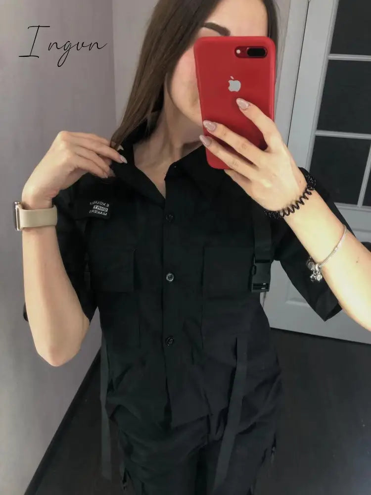 Ingvn - Autumn Streetwear Pants High-Waist Straight Ribbon Cargo Student Loose Short-Sleeved Shirt