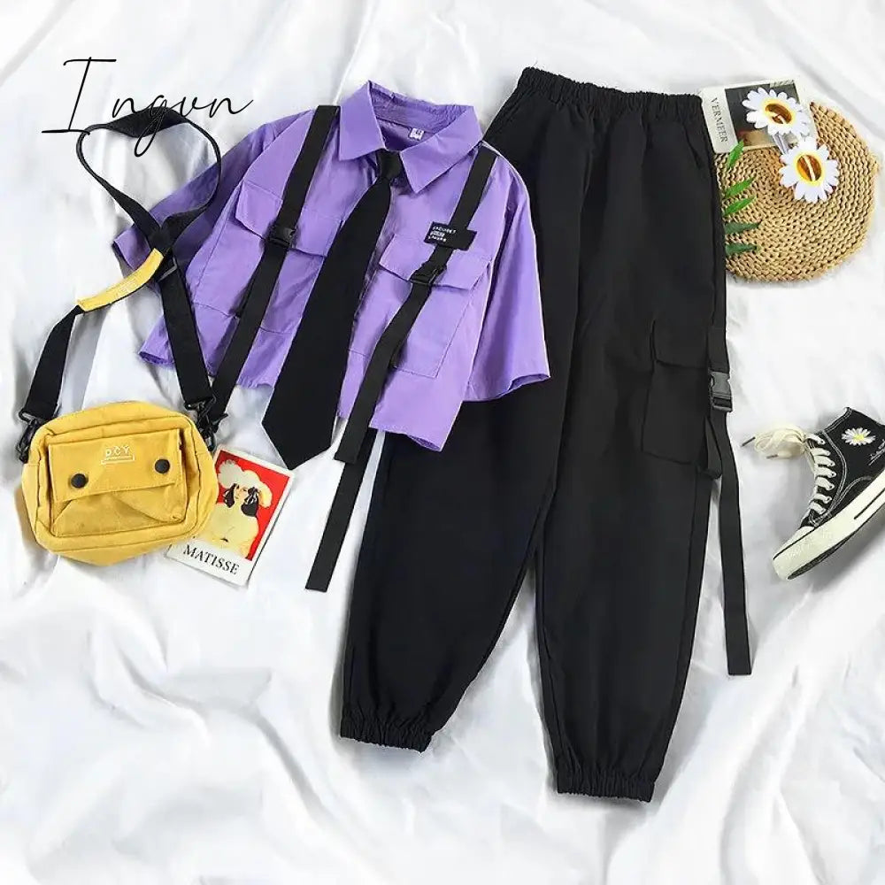 Ingvn - Autumn Streetwear Pants High-Waist Straight Ribbon Cargo Student Loose Short-Sleeved Shirt