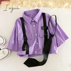 Ingvn - Autumn Streetwear Pants High-Waist Straight Ribbon Cargo Student Loose Short-Sleeved Shirt