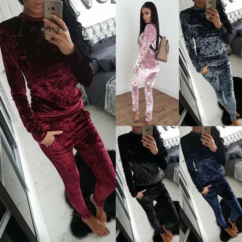 Ingvn - Autumn Velvet Tracksuit Women Sets Two Piece Winter Velour Ladies Sweat Suit 2 Outfits For