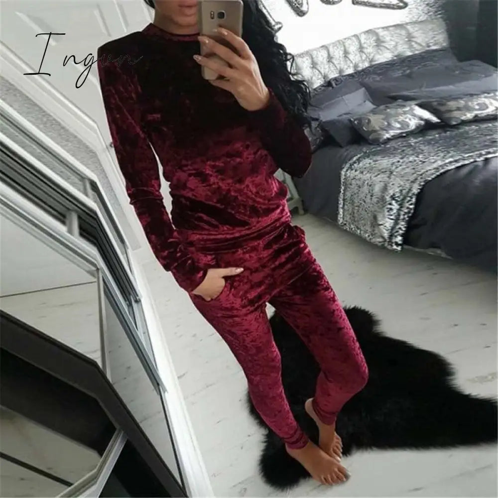 Ingvn - Autumn Velvet Tracksuit Women Sets Two Piece Winter Velour Ladies Sweat Suit 2 Outfits For