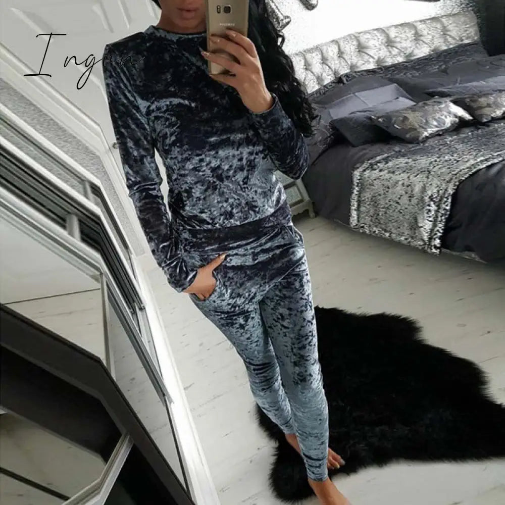 Ingvn - Autumn Velvet Tracksuit Women Sets Two Piece Winter Velour Ladies Sweat Suit 2 Outfits For