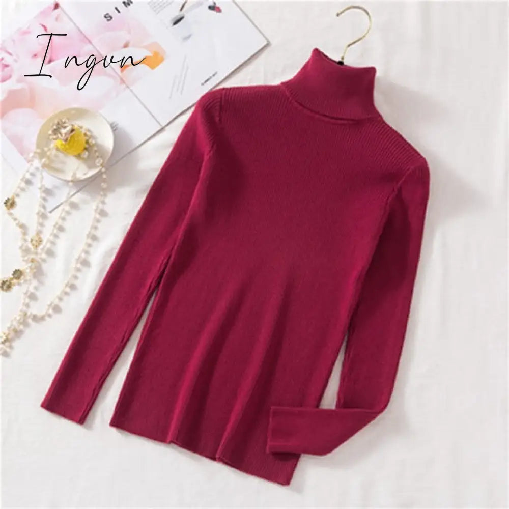 Ingvn - Autumn Winter Knitted Sweater Pullovers Turtleneck For Women Long Sleeve White Black Soft