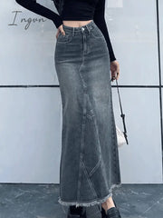 Ingvn - Back Slit Patchwork Long Denim Skirt Skirts