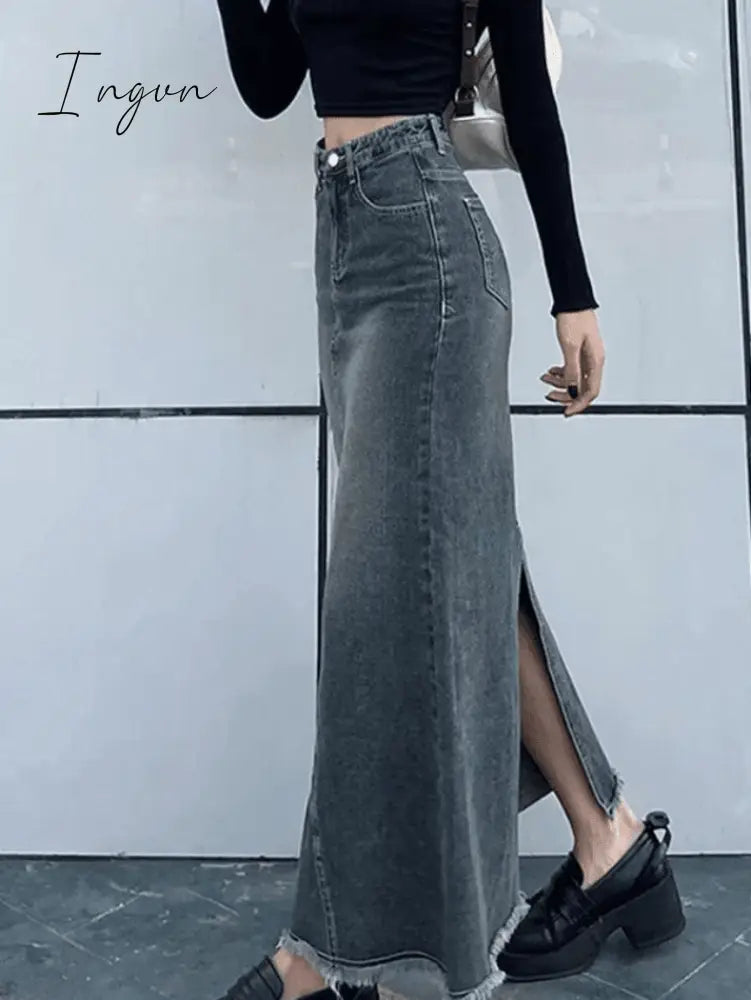 Ingvn - Back Slit Patchwork Long Denim Skirt Skirts