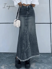 Ingvn - Back Slit Patchwork Long Denim Skirt Skirts