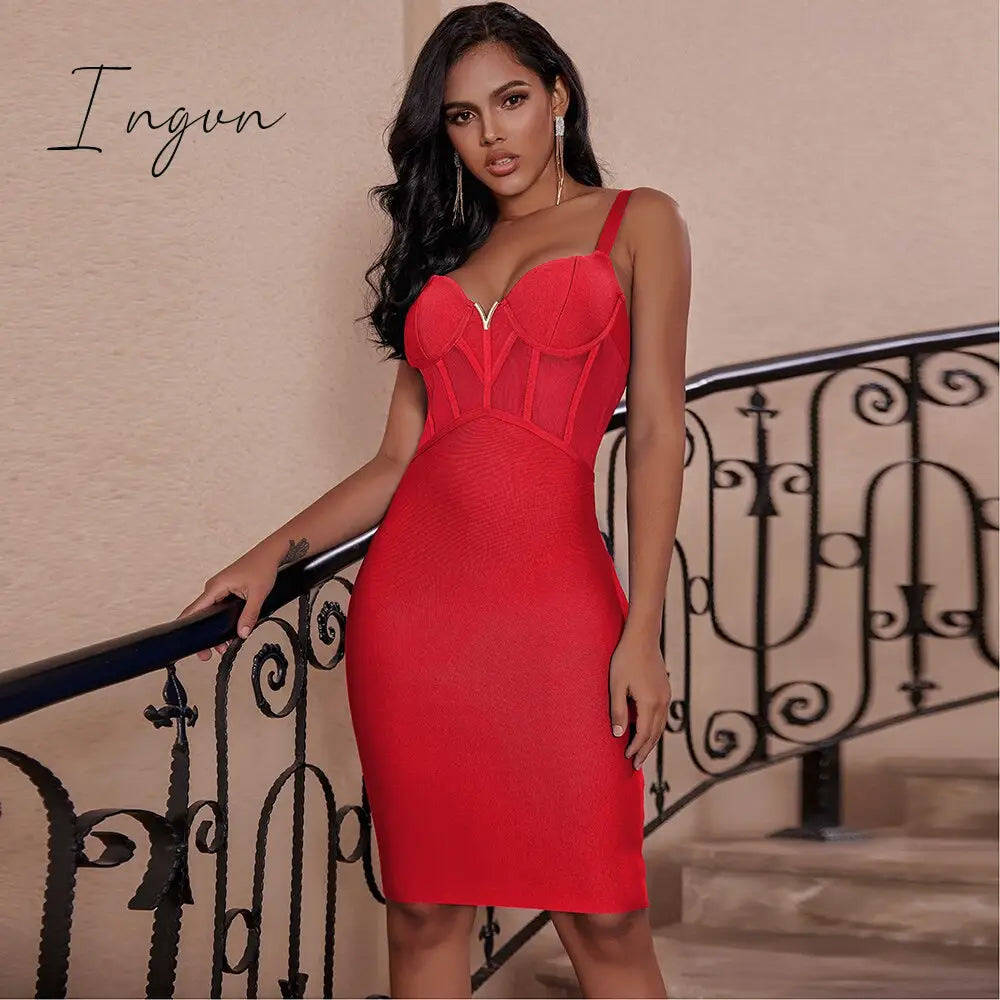 Ingvn - Bandage Dress Women Black Bodycon Elegant Sexy High Quality Mesh Insert Corset Evening