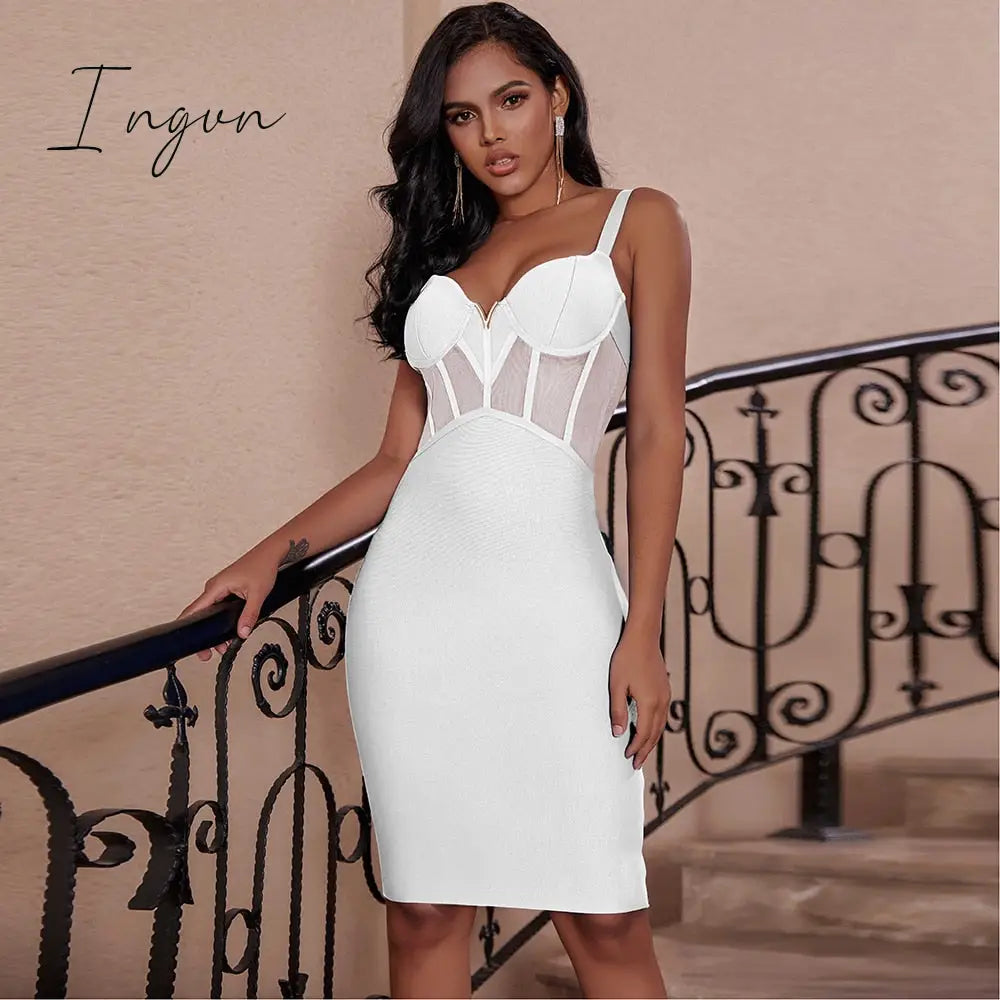 Ingvn - Bandage Dress Women Black Bodycon Elegant Sexy High Quality Mesh Insert Corset Evening