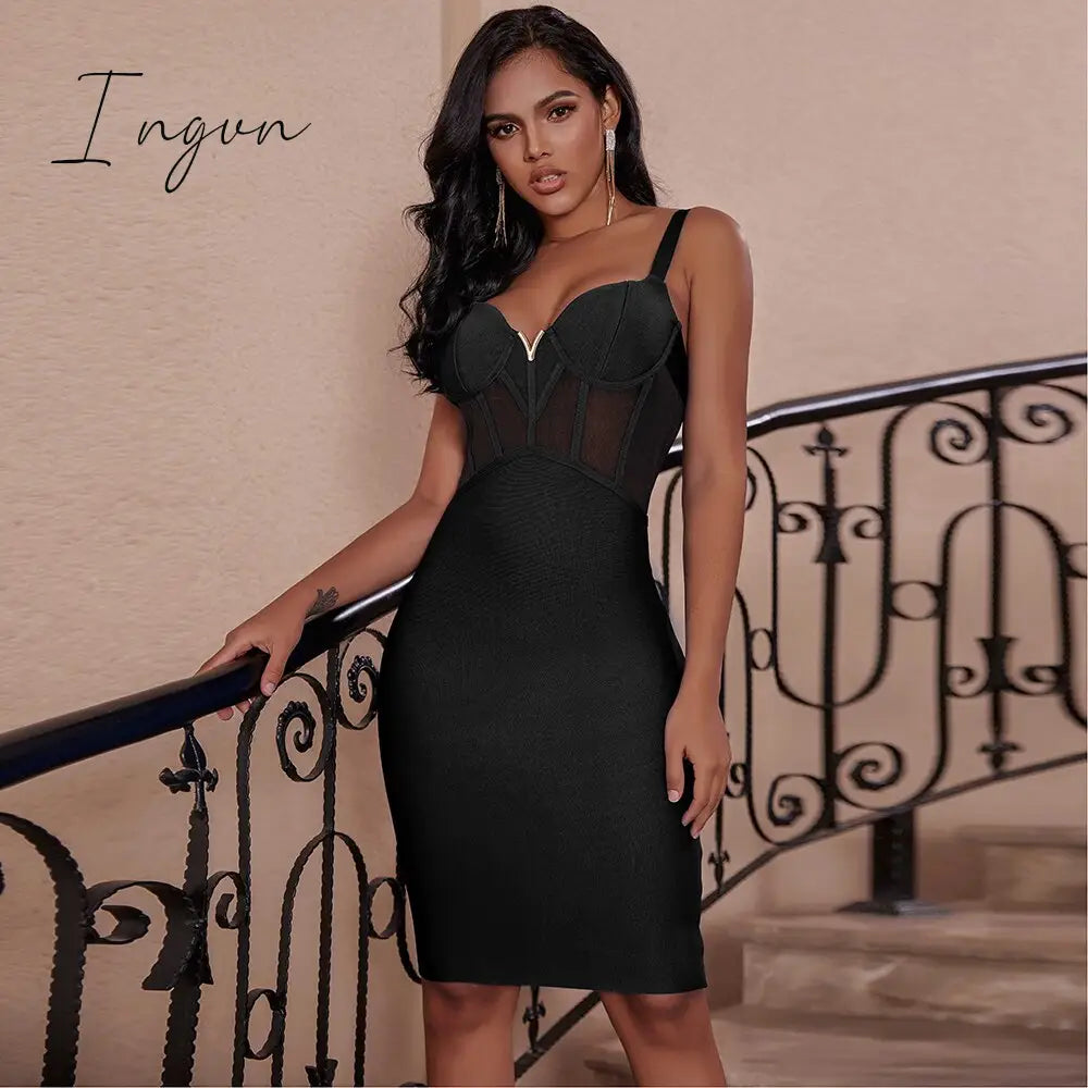 Ingvn - Bandage Dress Women Black Bodycon Elegant Sexy High Quality Mesh Insert Corset Evening