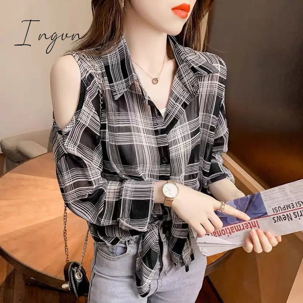 Ingvn - Beading Women’s Elegant Blouse Office Outfits Feminine Shirts Off The Shoulder Long