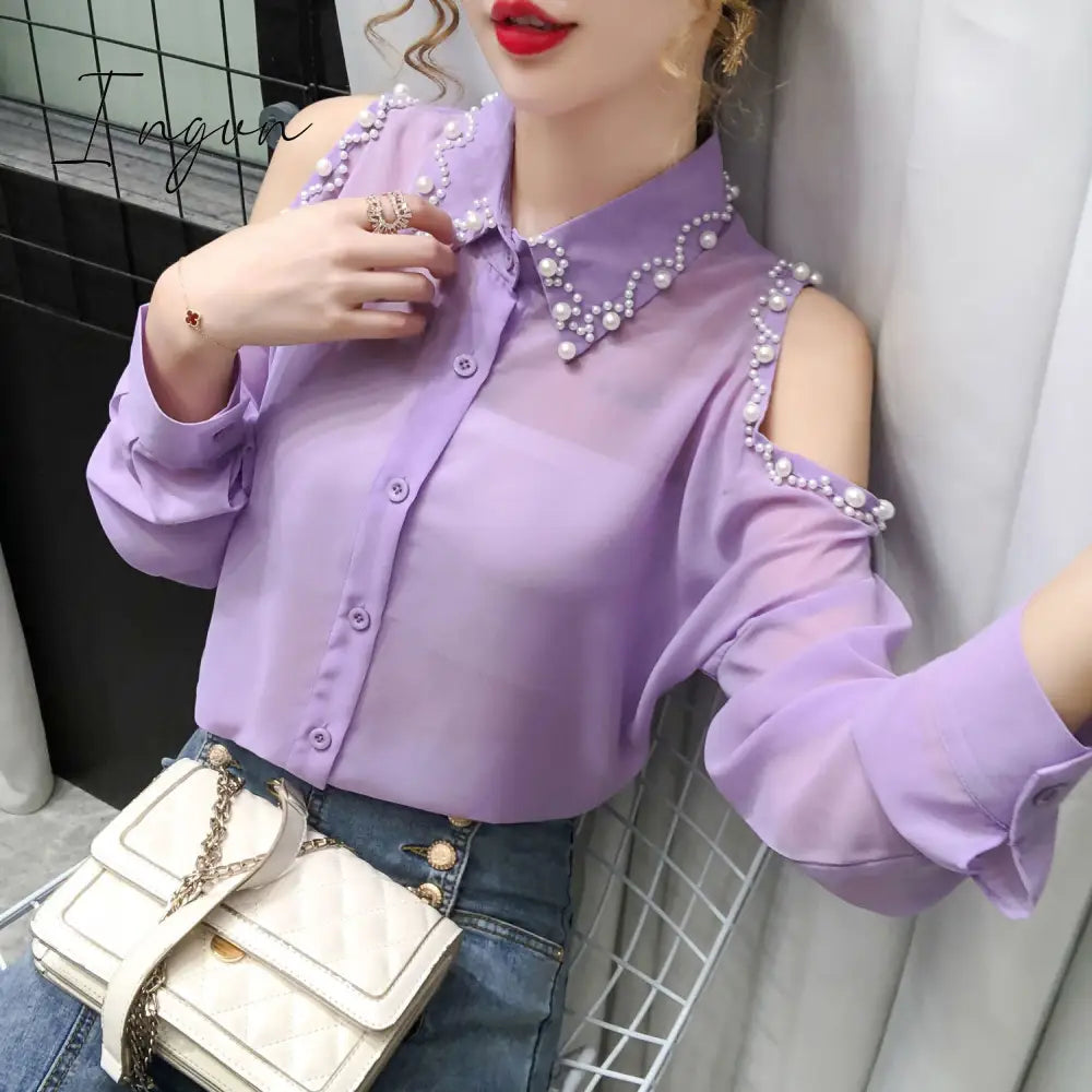 Ingvn - Beading Women’s Elegant Blouse Office Outfits Feminine Shirts Off The Shoulder Long