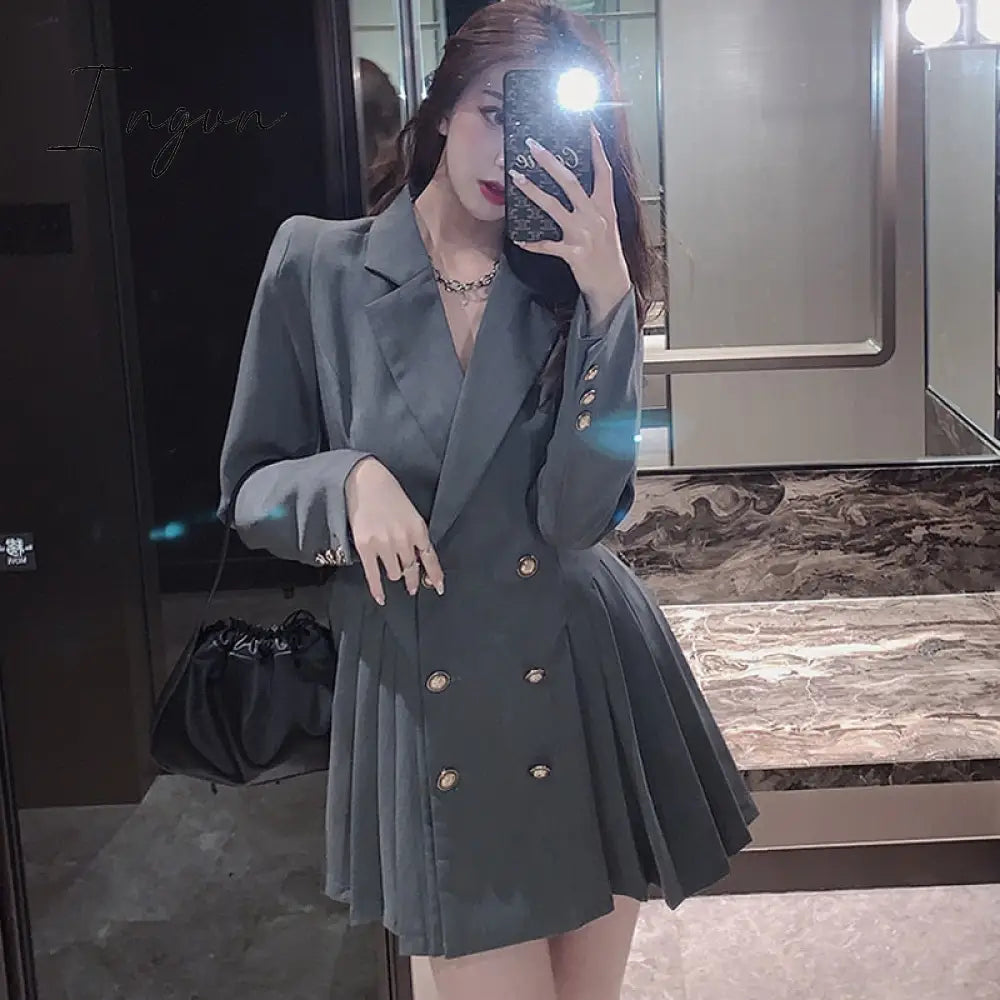 Ingvn - Blazer Dress Women Korean Long Sleeve Suit Spring One - Piece Ladies Casual Office Clothing