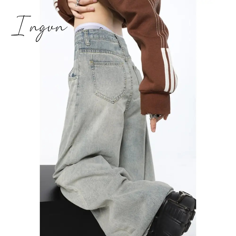 Ingvn - Blue Womens Jeans High Waist Vintage Straight Baggy Denim Pants Streetwear American Style