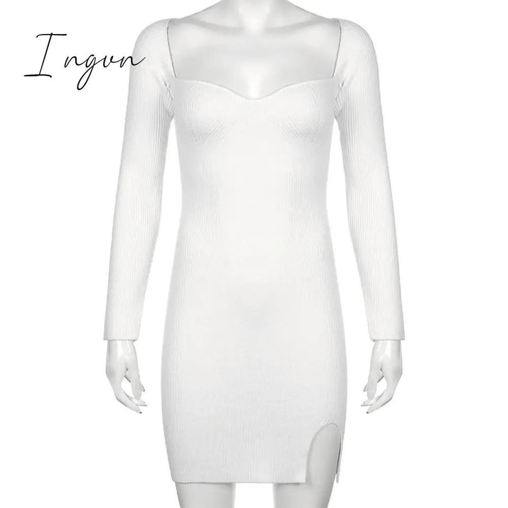 Ingvn - Bodycon Knitted Women Sweater Dress Long Sleeve Sexy Off Shoulder Split Elegant Party