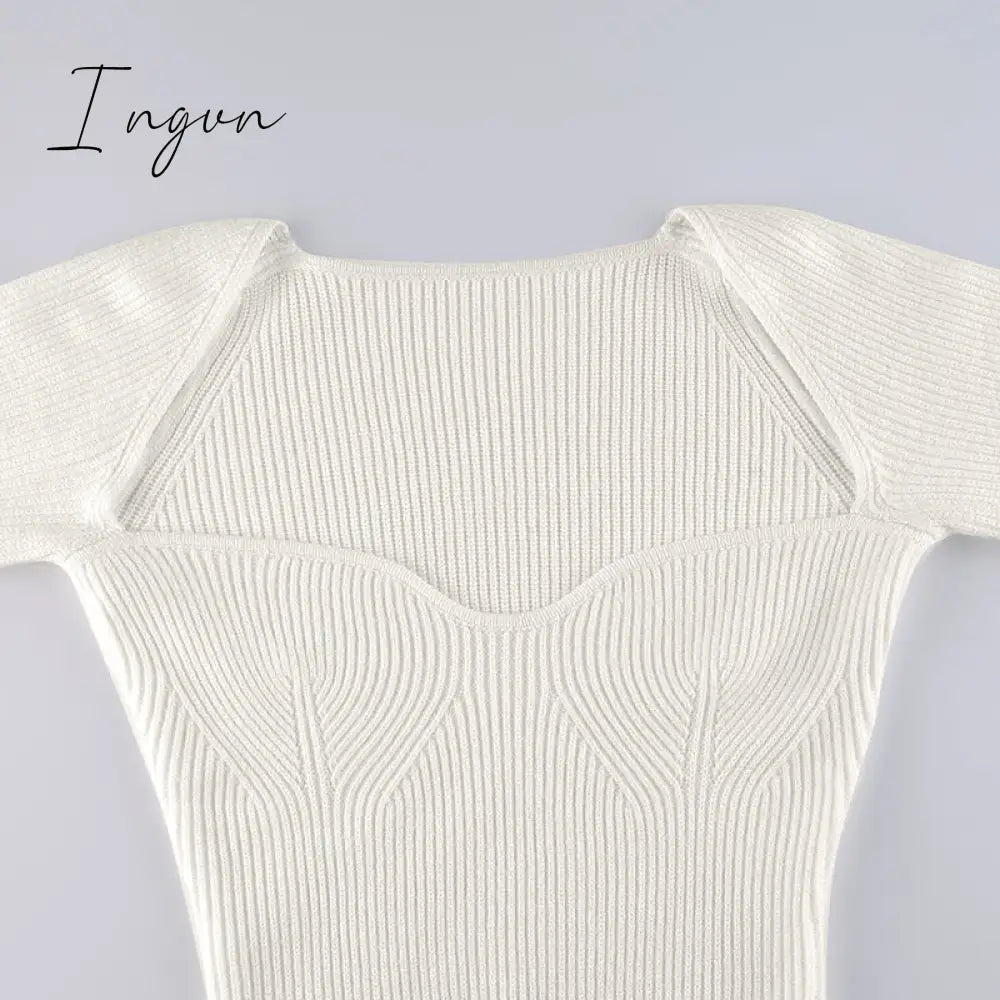 Ingvn - Bodycon Knitted Women Sweater Dress Long Sleeve Sexy Off Shoulder Split Elegant Party