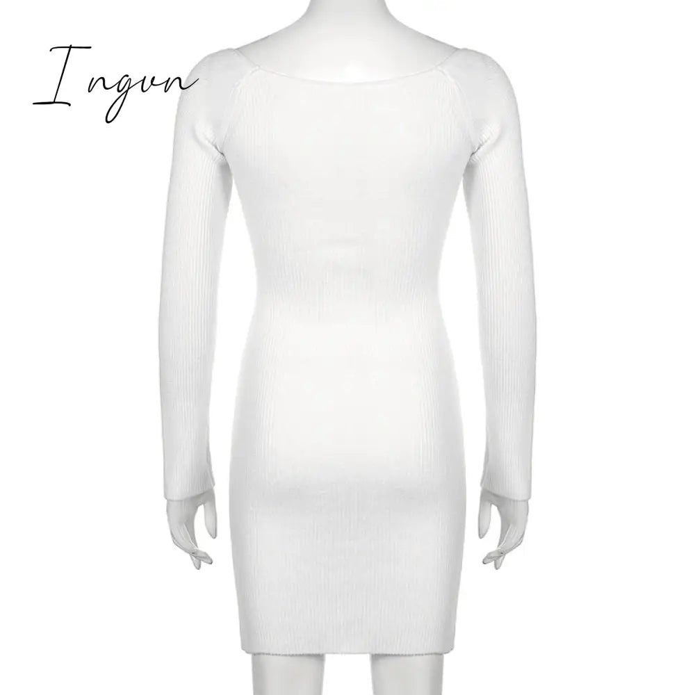 Ingvn - Bodycon Knitted Women Sweater Dress Long Sleeve Sexy Off Shoulder Split Elegant Party