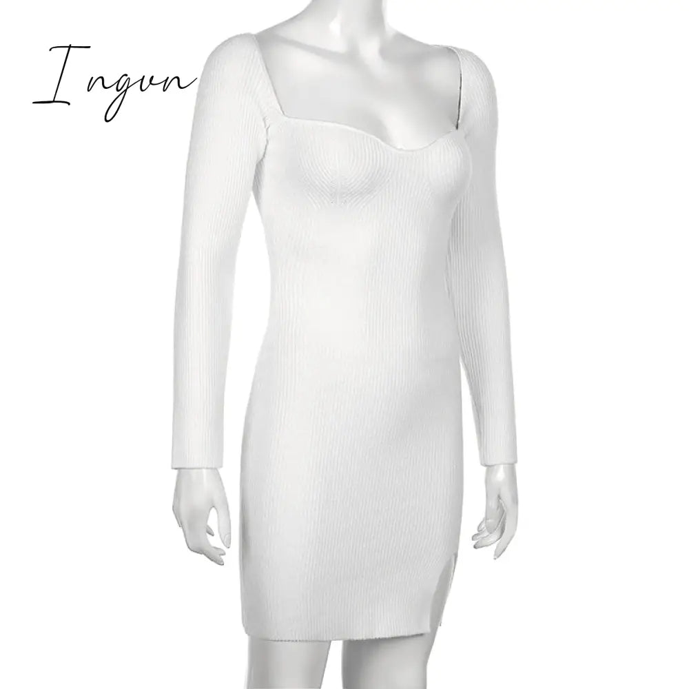 Ingvn - Bodycon Knitted Women Sweater Dress Long Sleeve Sexy Off Shoulder Split Elegant Party