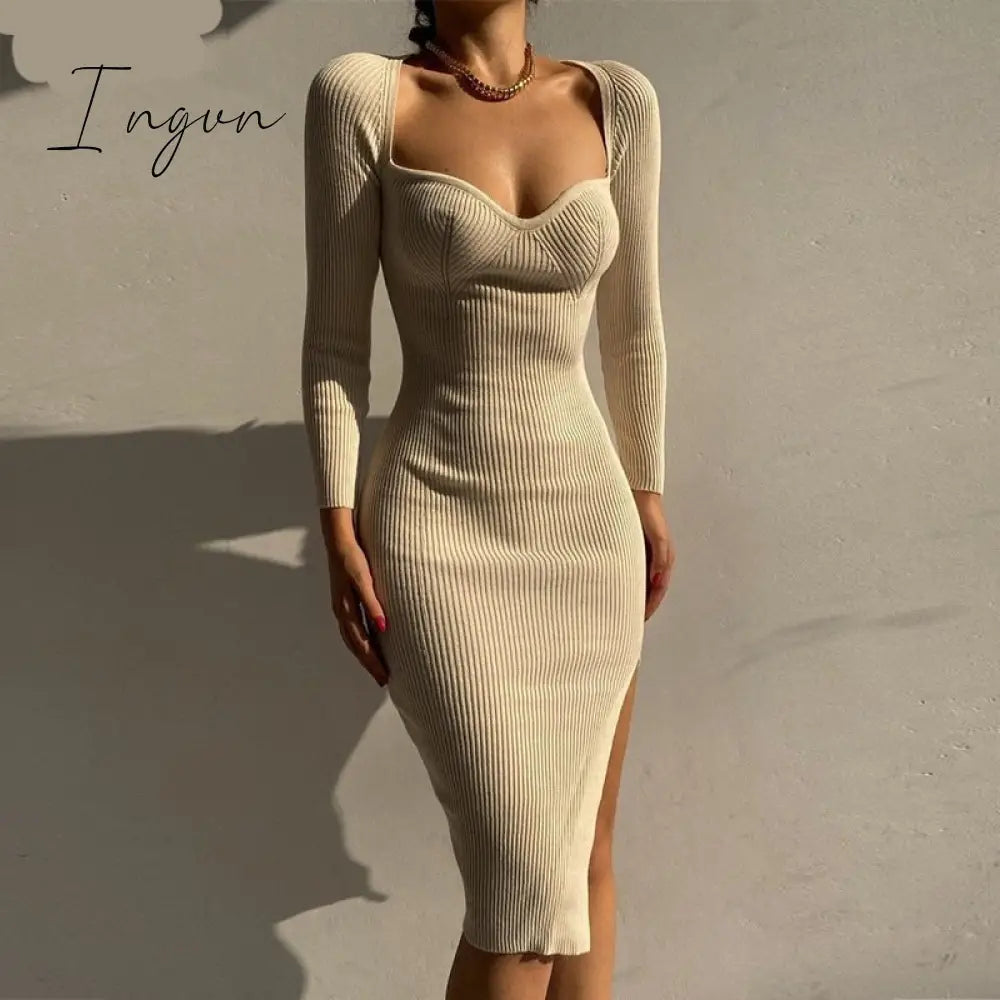 Ingvn - Bodycon Knitted Women Sweater Dress Long Sleeve Sexy Off Shoulder Split Elegant Party