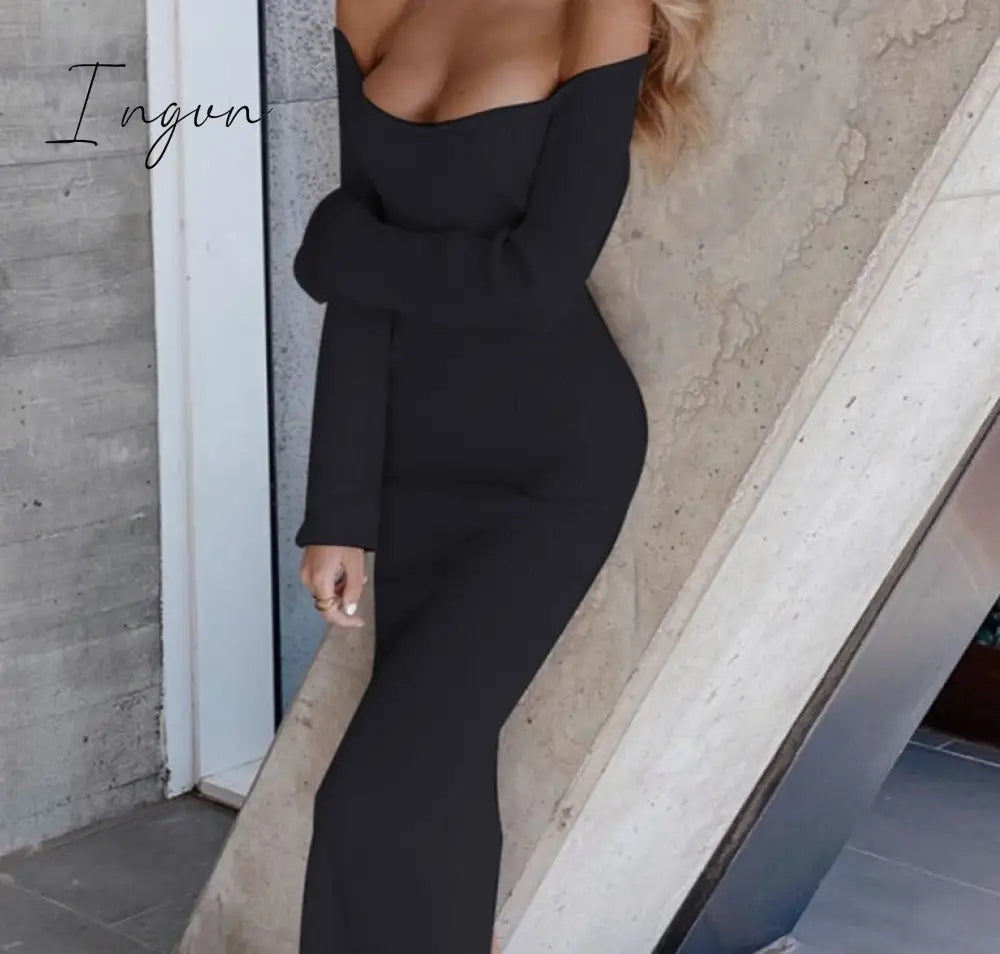 Ingvn - Bodycon Knitted Women Sweater Dress Long Sleeve Sexy Off Shoulder Split Elegant Party