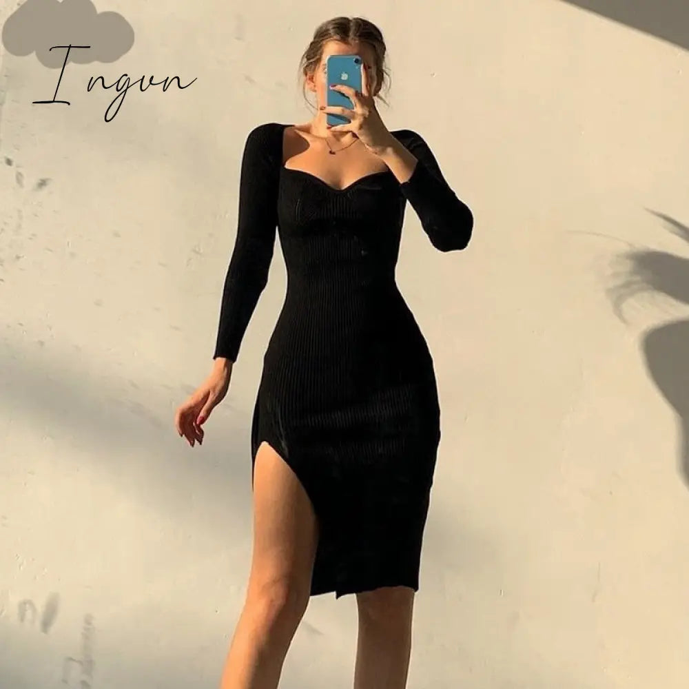 Ingvn - Bodycon Knitted Women Sweater Dress Long Sleeve Sexy Off Shoulder Split Elegant Party