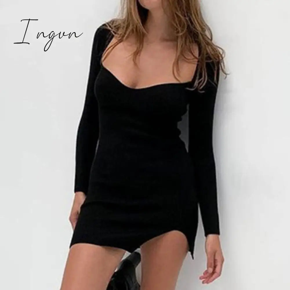 Ingvn - Bodycon Knitted Women Sweater Dress Long Sleeve Sexy Off Shoulder Split Elegant Party