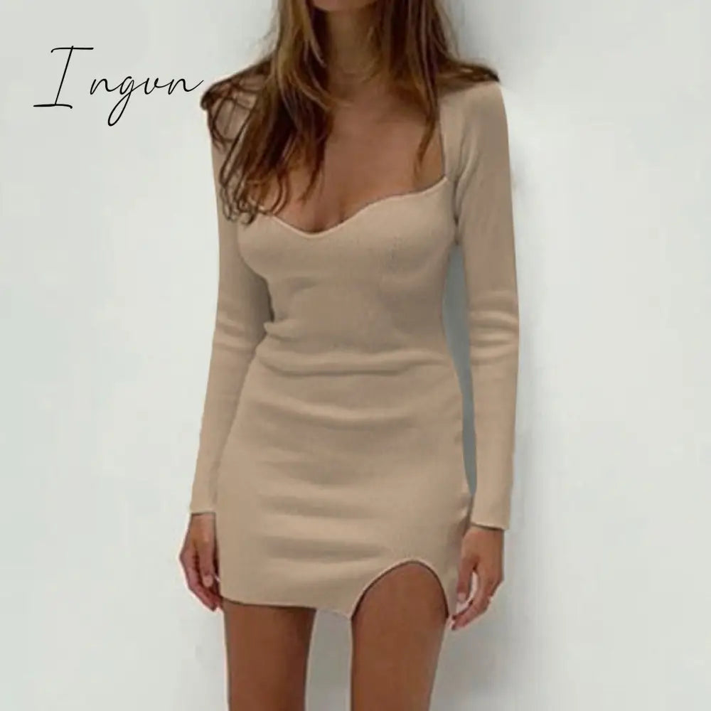 Ingvn - Bodycon Knitted Women Sweater Dress Long Sleeve Sexy Off Shoulder Split Elegant Party