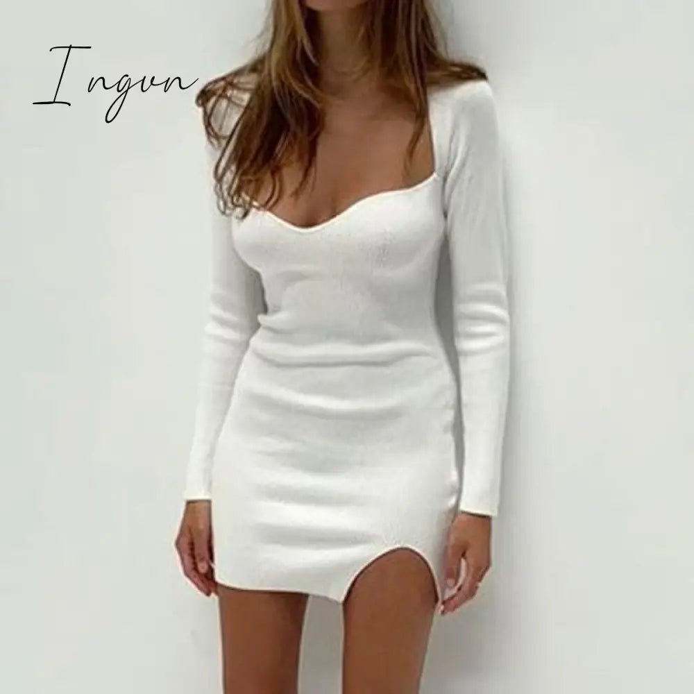 Ingvn - Bodycon Knitted Women Sweater Dress Long Sleeve Sexy Off Shoulder Split Elegant Party