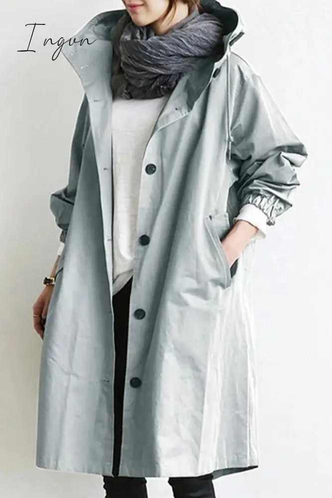 Ingvn - British Style Solid Pocket Buttons Hooded Collar Outerwear Outerwear/Coats & Cardigan