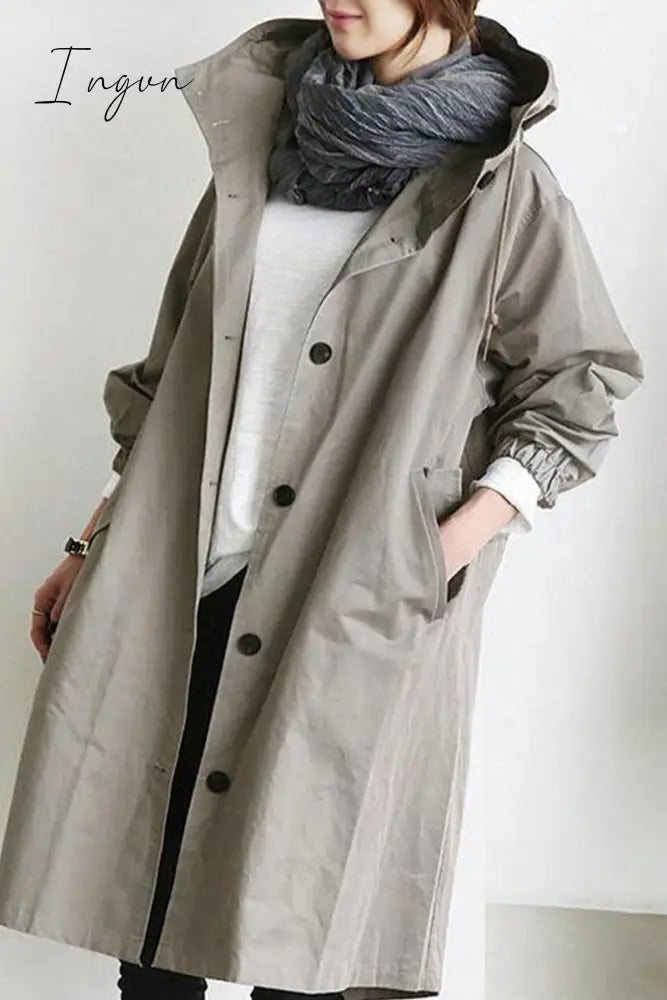 Ingvn - British Style Solid Pocket Buttons Hooded Collar Outerwear Outerwear/Coats & Cardigan