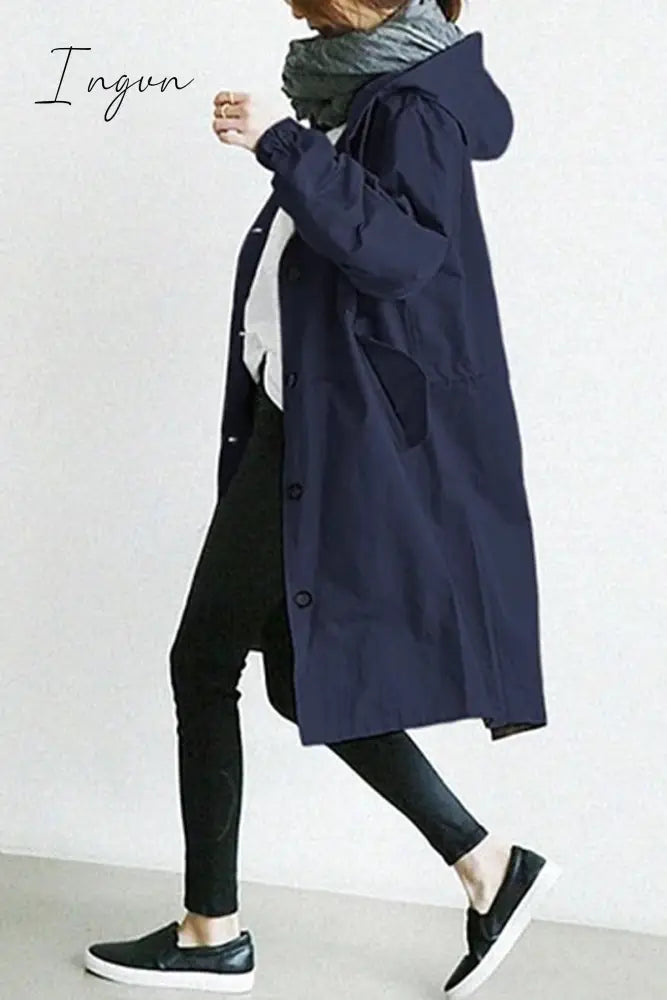 Ingvn - British Style Solid Pocket Buttons Hooded Collar Outerwear Outerwear/Coats & Cardigan