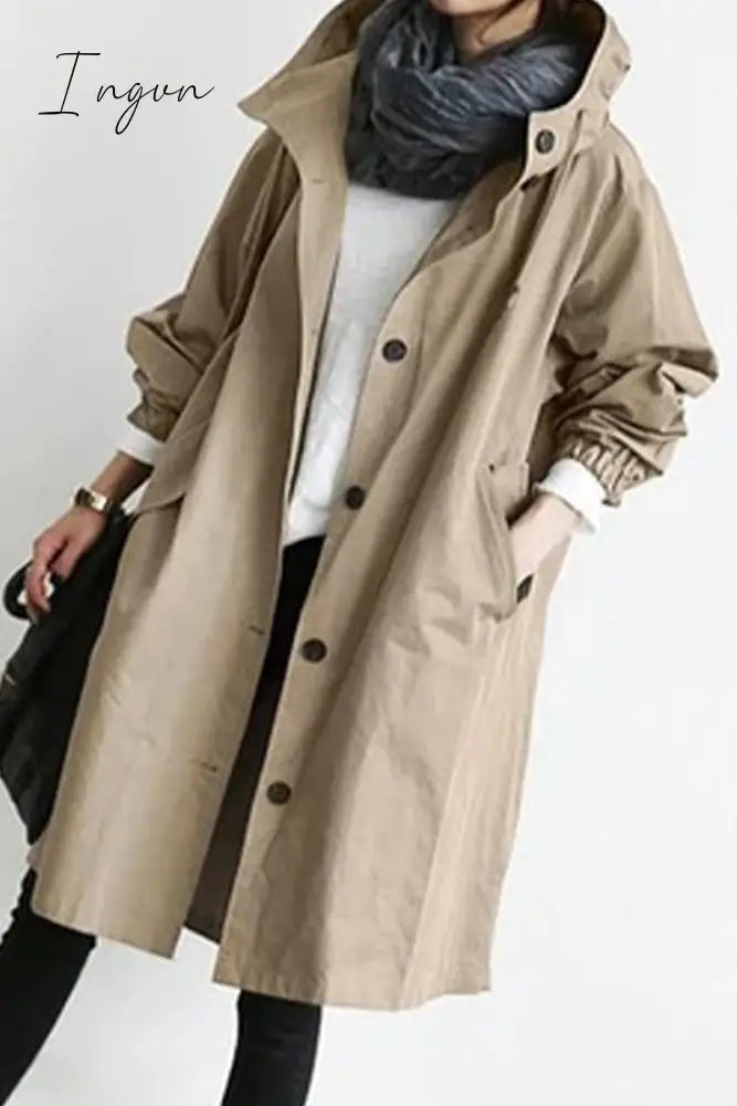 Ingvn - British Style Solid Pocket Buttons Hooded Collar Outerwear Outerwear/Coats & Cardigan