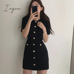 Ingvn - Button Knitted Dress Bodycon Mini Vestido Curto Korean Summer Sexy Party Elegant Black Moda