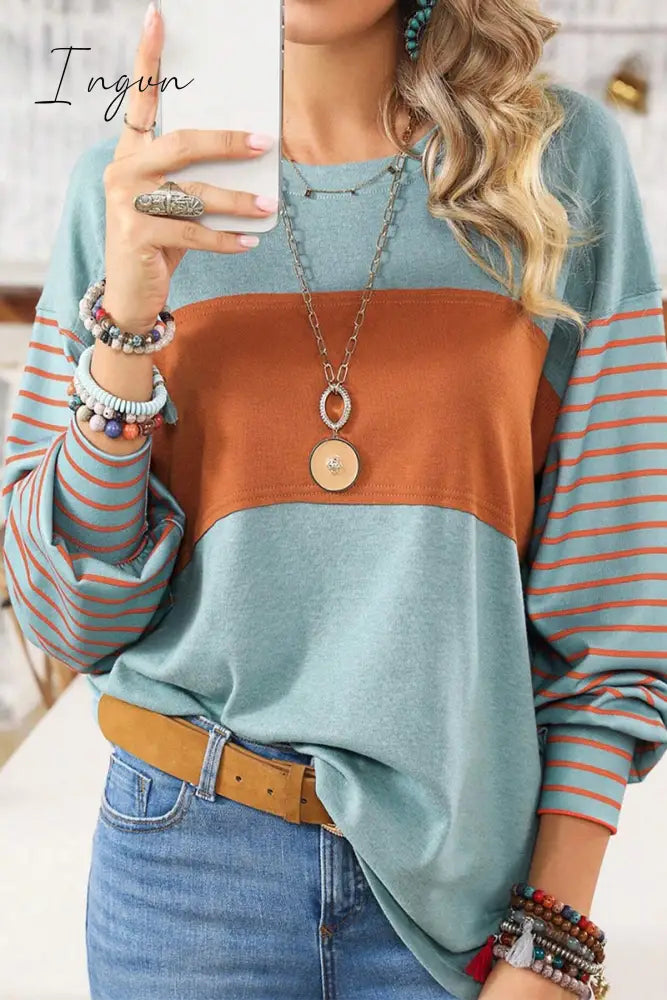 Ingvn - Casual Color Block Contrast O Neck Tops Green / S Tops/Long Sleeve