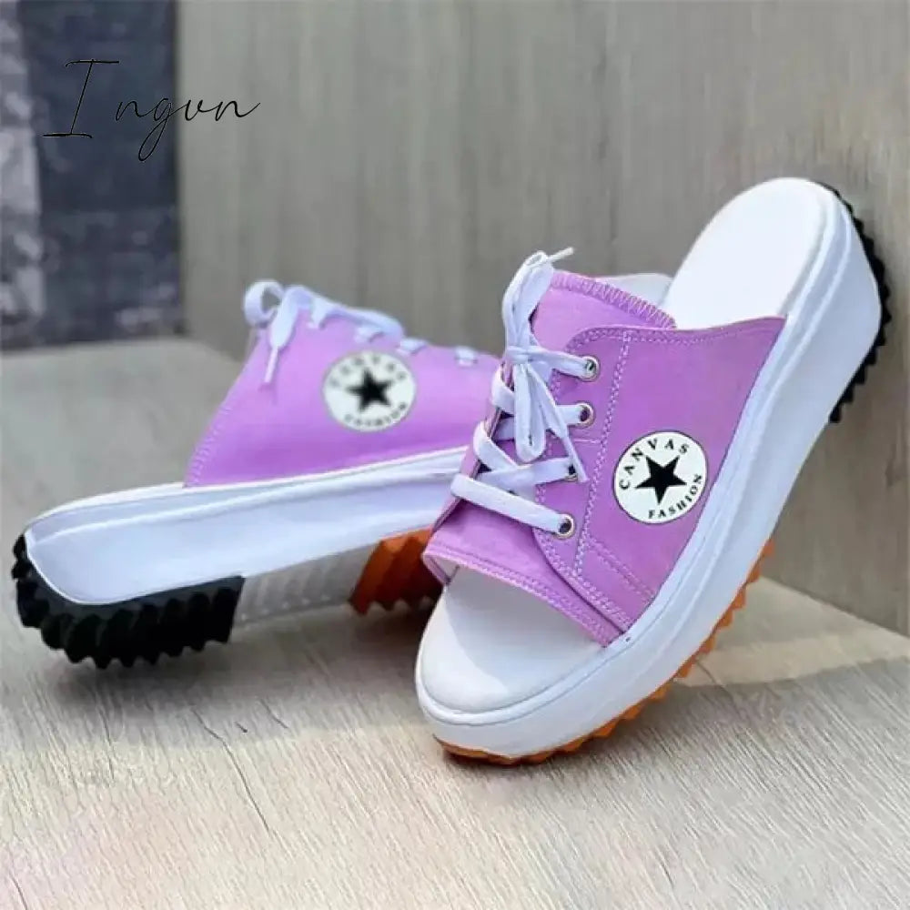 Ingvn - Casual Daily Peep Toe Canvas Lace-Up Sandals Purple / 5 Slippers