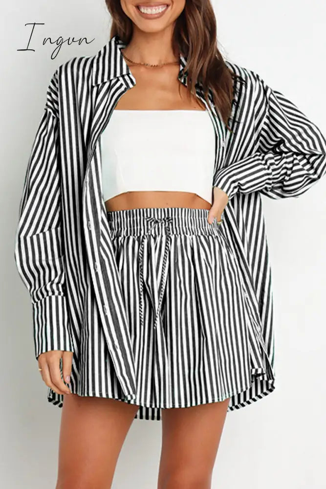 Ingvn - Casual Daily Striped Frenulum Turndown Collar Long Sleeve Two Pieces Pieces/Two-Piece Short