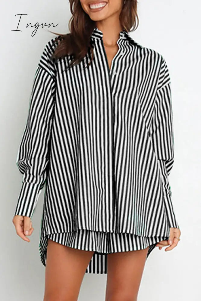 Ingvn - Casual Daily Striped Frenulum Turndown Collar Long Sleeve Two Pieces Pieces/Two-Piece Short